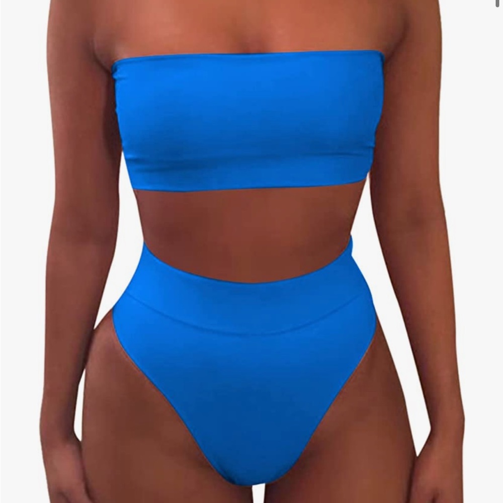 Pink Queen Removable Strap Cheeky High Waisted Bikini in Blue and Size Medium